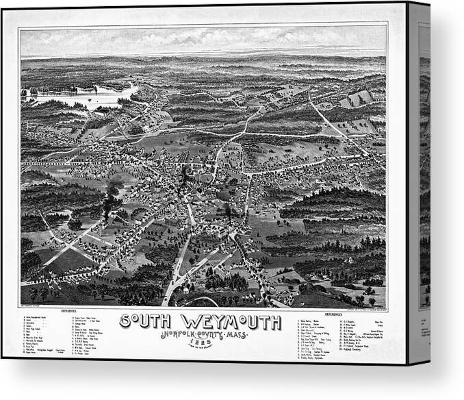 South Weymouth Canvas Print featuring the photograph South Weymouth Massachusetts Vintage Map Birds Eye View 1885 Black and White by Carol Japp