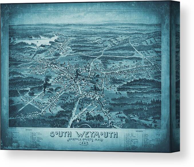 South Weymouth Canvas Print featuring the photograph South Weymouth Massachusetts Vintage Map Birds Eye View 1885 Blue by Carol Japp