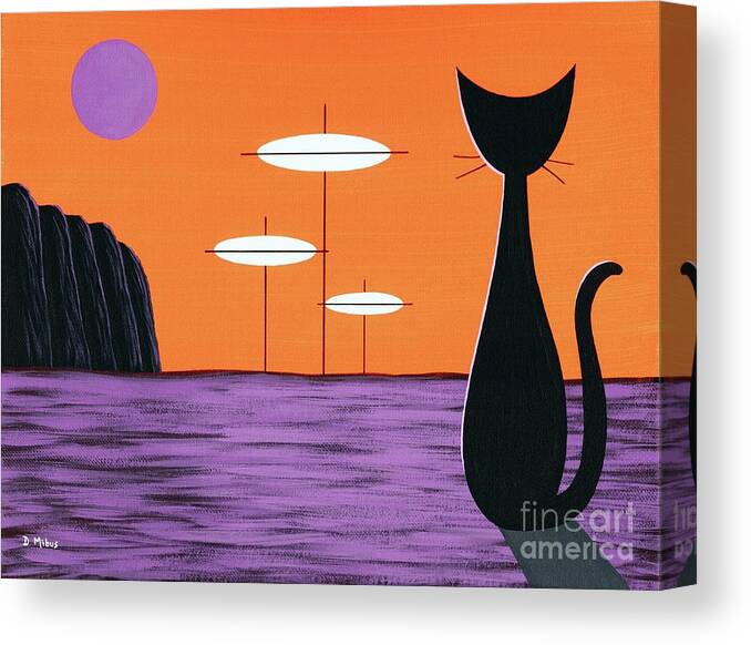 Mid Century Modern Canvas Print featuring the painting Space Cat in Orange and Purple by Donna Mibus