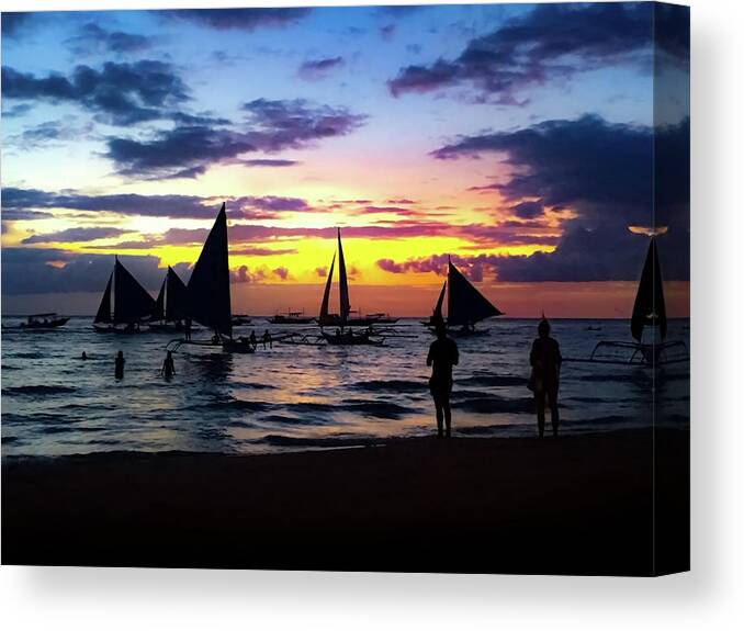 Sailboats Canvas Print featuring the photograph Sunset and Sailboats in Boracay by Christine Ley