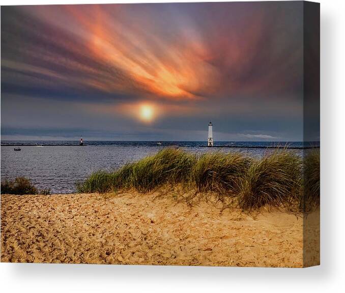 Northernmichigan Canvas Print featuring the photograph Sunset at Betsie Harbor Entrance IMG_3653 by Michael Thomas