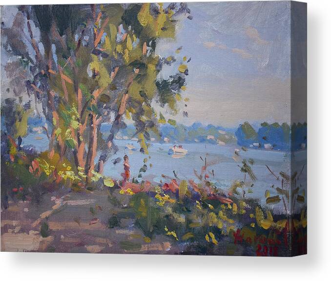 Sunset Canvas Print featuring the painting Sunset by the Lake by Ylli Haruni