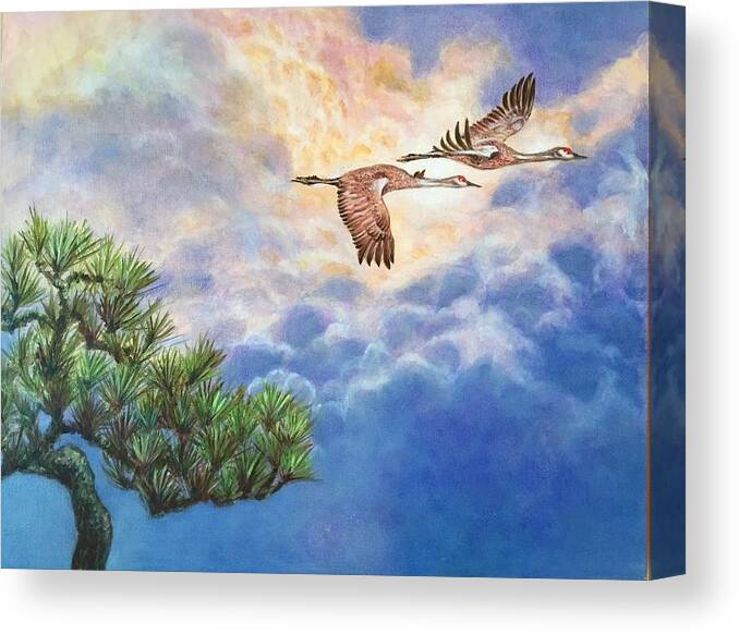 Cranes Canvas Print featuring the painting Sunset Flight by Vina Yang