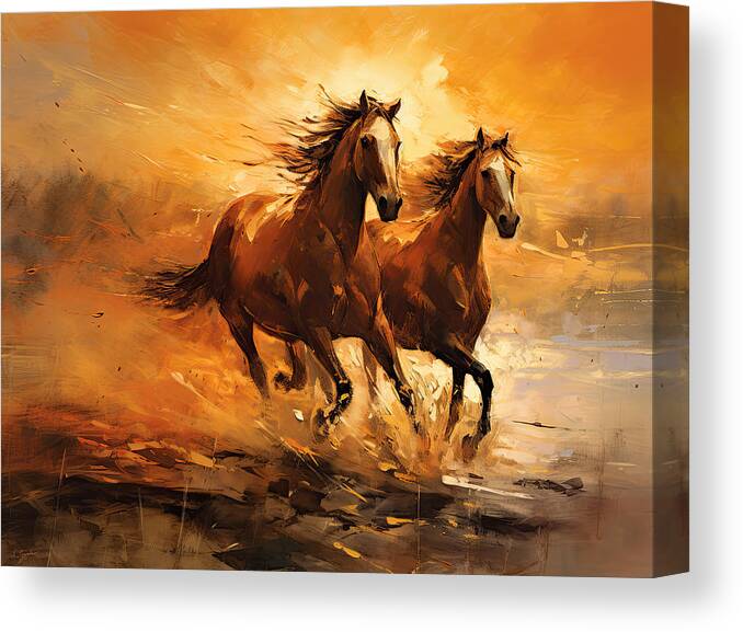 Horse Racing Art Canvas Print featuring the painting Sunset Gallop by Lourry Legarde