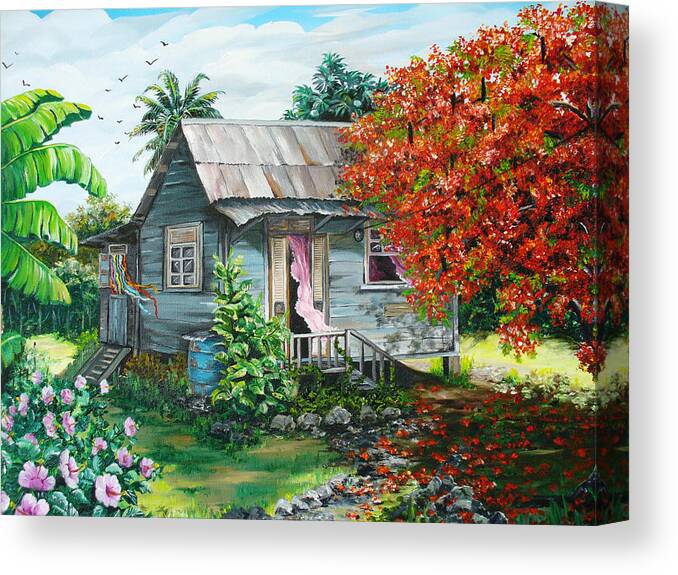 Caribbean Painting Original Painting Trinidad And Tobago ..house Painting Flamboyant Tree Painting Red Blossoms Painting Floral Painting Tree Painting Tropical Painting Canvas Print featuring the painting Sweet Tobago Life. 2 by Karin Dawn Kelshall- Best
