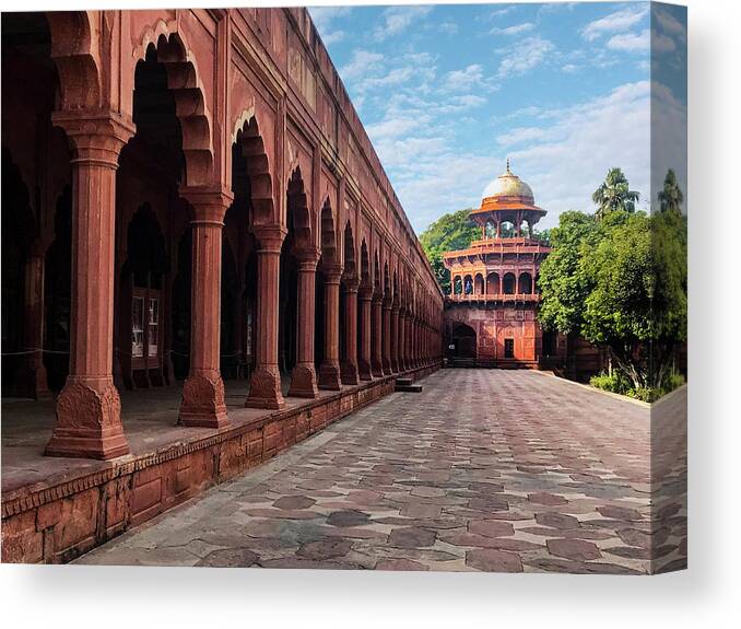 The Taj Canvas Print featuring the photograph Taj Mahal Red Sandstone Columned Arcade by Christine Ley