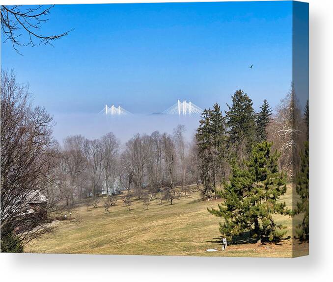 Sky Canvas Print featuring the photograph Tappan Zee Bridge Fog and Eagle by Russel Considine