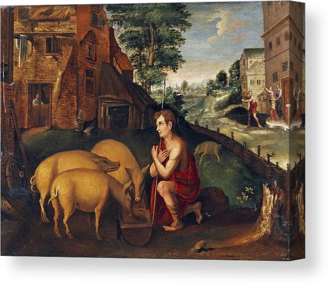 Flemish School Canvas Print featuring the painting The prodigal son as swineherd by Flemish School