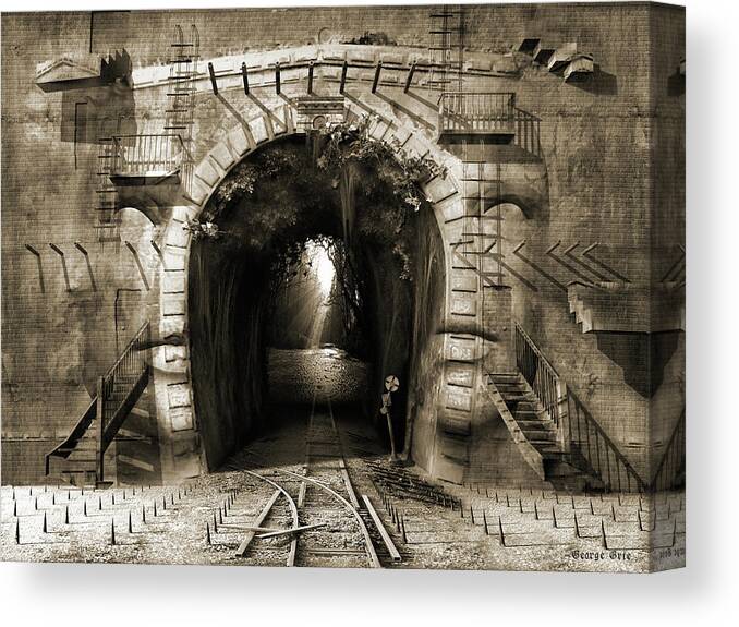 Dark Mystical Wall Face Railway Surrealistic Phantasmagorical Metaphorical Railroad Tunnel Canvas Print featuring the digital art The way out or Suicidal ideation by George Grie
