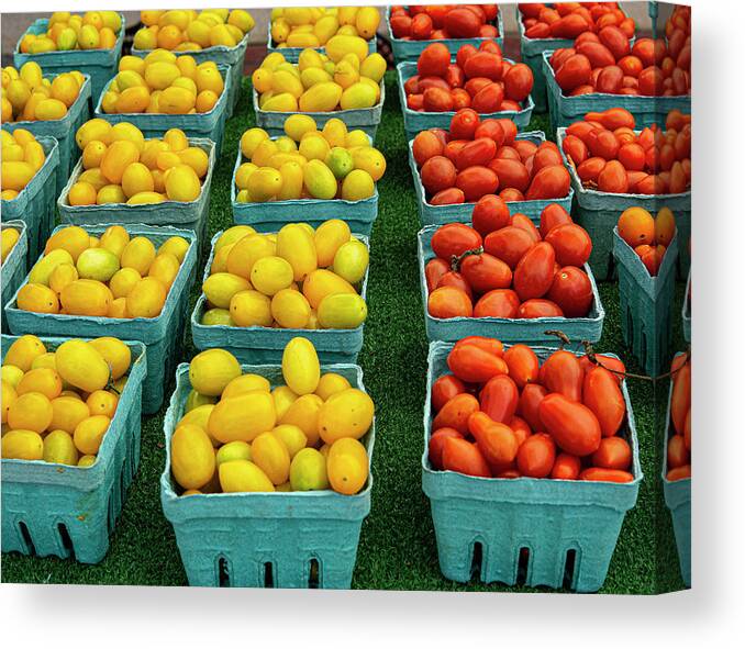 Tomatoes Farmers Market Red Yellow Fruit Vegetable Colorful Canvas Print featuring the photograph Tomatoes at the Farmers Market by David Morehead