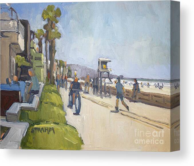 San Diego Canvas Print featuring the painting Lifeguard Tower 19 Along the Boardwalk - Mission Beach - San Diego, California by Paul Strahm