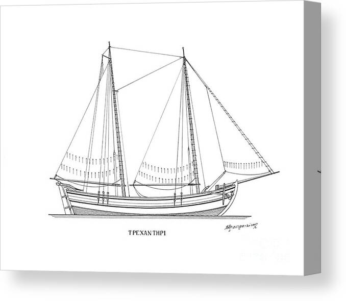 Nautical Decor Canvas Print featuring the drawing Trehantiri - traditional Greek sailing boat by Panagiotis Mastrantonis