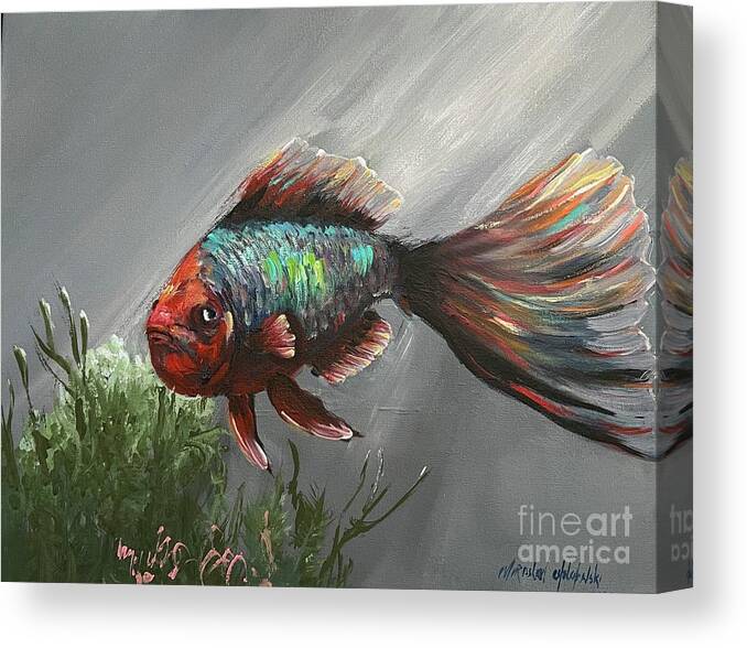 Tropical Fish Miroslaw Chelchowski Acrylic Painting On Canvas Ocean Fish Water Seascape Under The Sea Colors Red Blue Fin Seaweed Underwater Gray Deep In The Sea Ocean Beauty Canvas Print featuring the painting Tropical fish by Miroslaw Chelchowski
