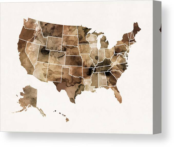 United States Map Canvas Print featuring the digital art United States Watercolor Map Sepia v2 by Michael Tompsett