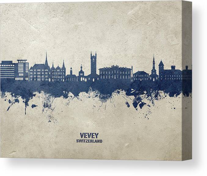 Vevey Canvas Print featuring the digital art Vevey Switzerland Skyline #30 by Michael Tompsett