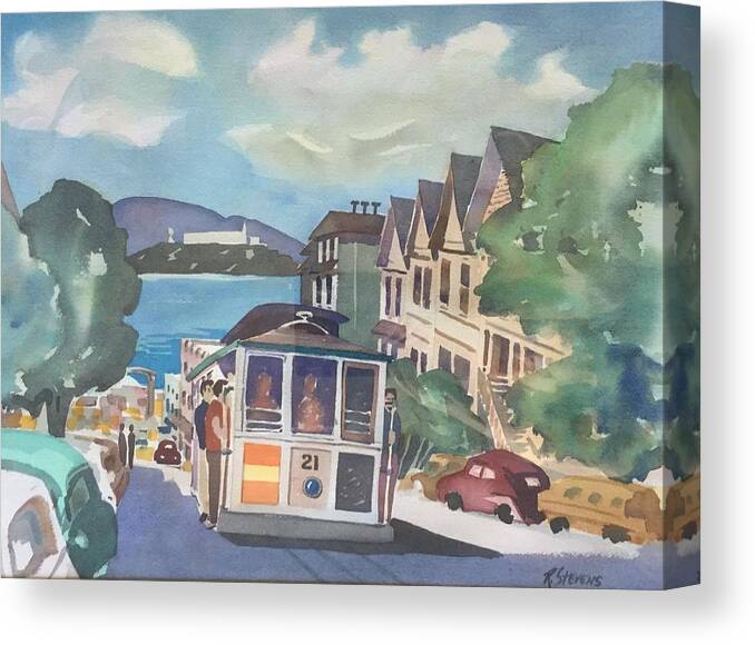 Cable Car Canvas Print featuring the painting View of Alcatraz and Cable Car #21 by Robert Stevens