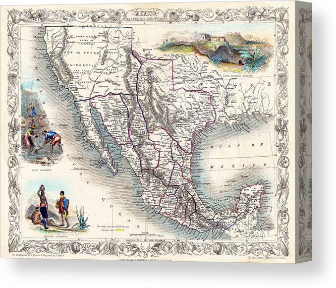 Mexico Map Canvas Print featuring the photograph Vintage Map Mexico California and Texas 1851 by Carol Japp