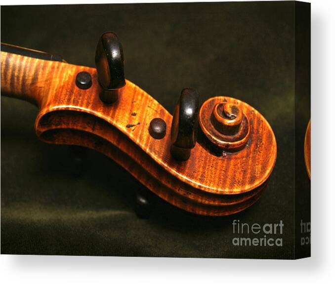 Violin Canvas Print featuring the photograph Violin Scroll on Dark Green Velvet by Anna Lisa Yoder