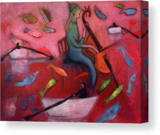 Cello Player Canvas Print featuring the painting Waltz of the fishes by Suzy Norris