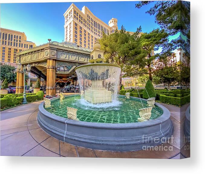 Bellagio Hotel Canvas Print featuring the photograph Water Fountain Outside Bellagio Las Vegas by FeelingVegas Wall Art and Prints
