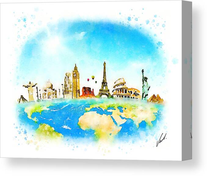  Canvas Print featuring the painting Watercolor Around the World by Vart. by Vart