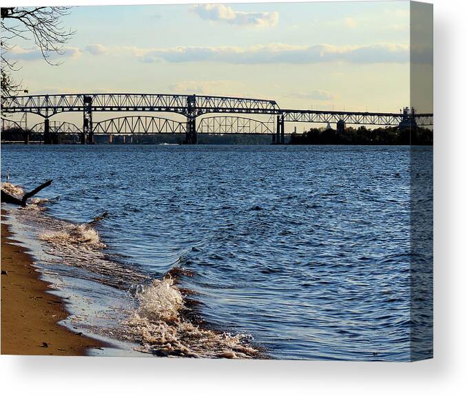 River Canvas Print featuring the photograph Waves Lapping the Shore of the Delaware River Near Betsy Ross and Delair Memorial Railroad Bridges by Linda Stern