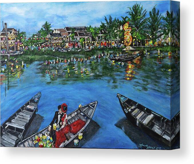Vietnam Canvas Print featuring the painting Wedding on the Water in Vietnam by Karen Needle
