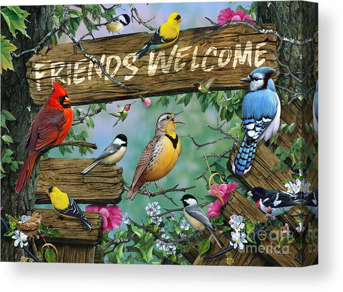 Jerry Gadamus Canvas Print featuring the painting Welcome Friends Songbirds by Jerry Gadamus