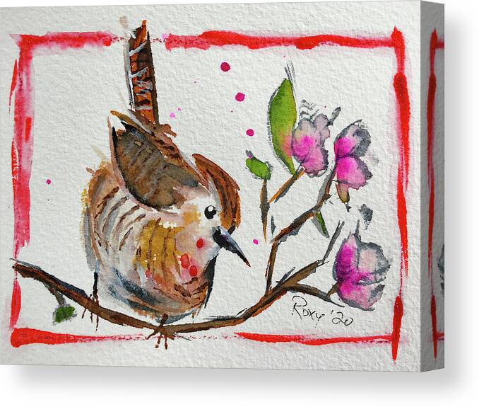 Wren Bird Canvas Print featuring the painting Wren in a Cherry Blossom Tree by Roxy Rich
