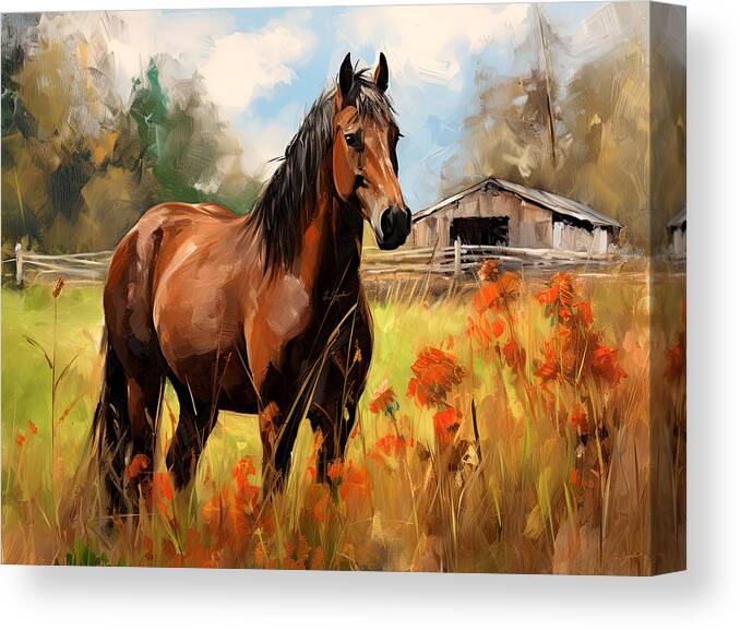 Barn Horse Canvas Print featuring the painting Yuma- Stunning Horse in Autumn by Lourry Legarde