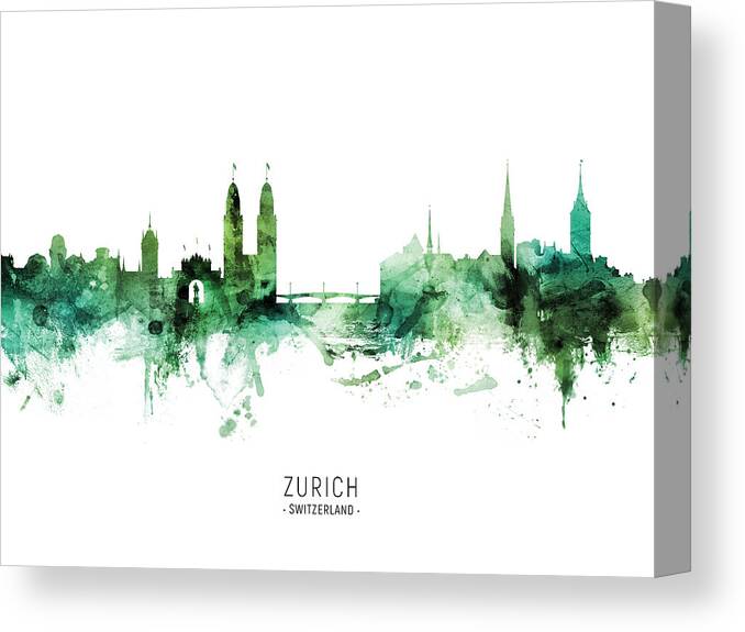 Zurich Canvas Print featuring the digital art Zurich Switzerland Skyline #13 by Michael Tompsett