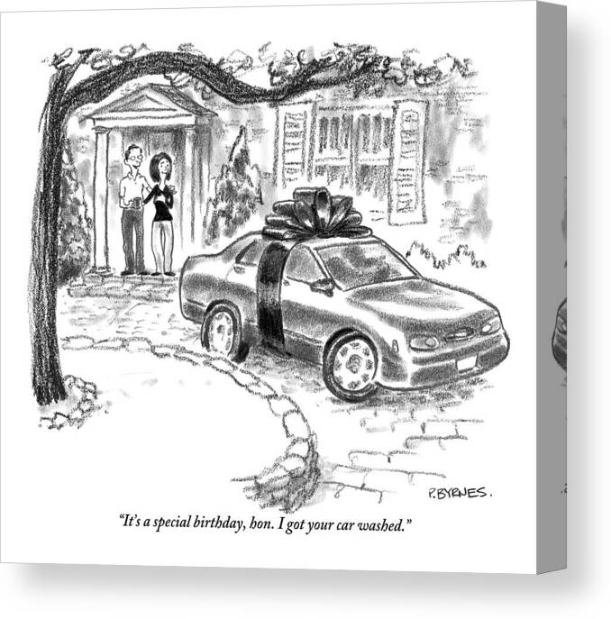 Automobiles Canvas Print featuring the drawing A Husband And Wife Stand In The Doorway Looking by Pat Byrnes