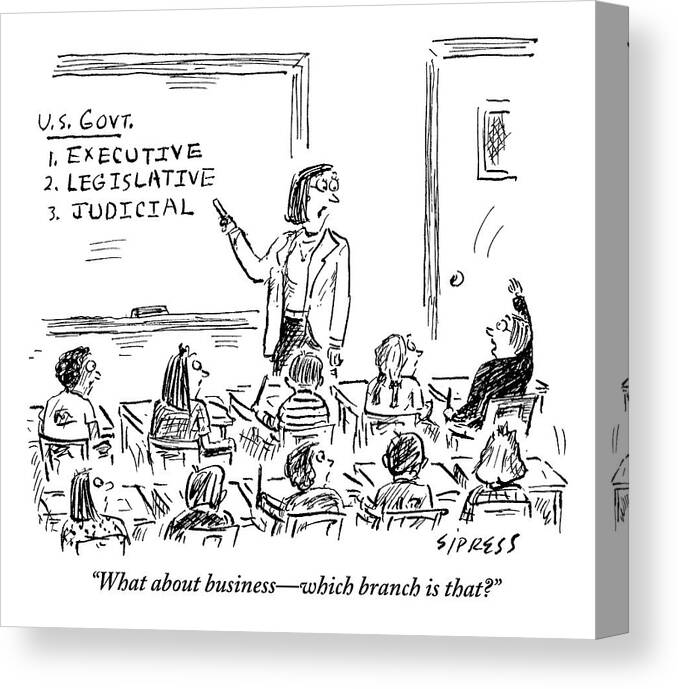 Business Canvas Print featuring the drawing A Little Boy Asks His Teacher In The Classroom by David Sipress