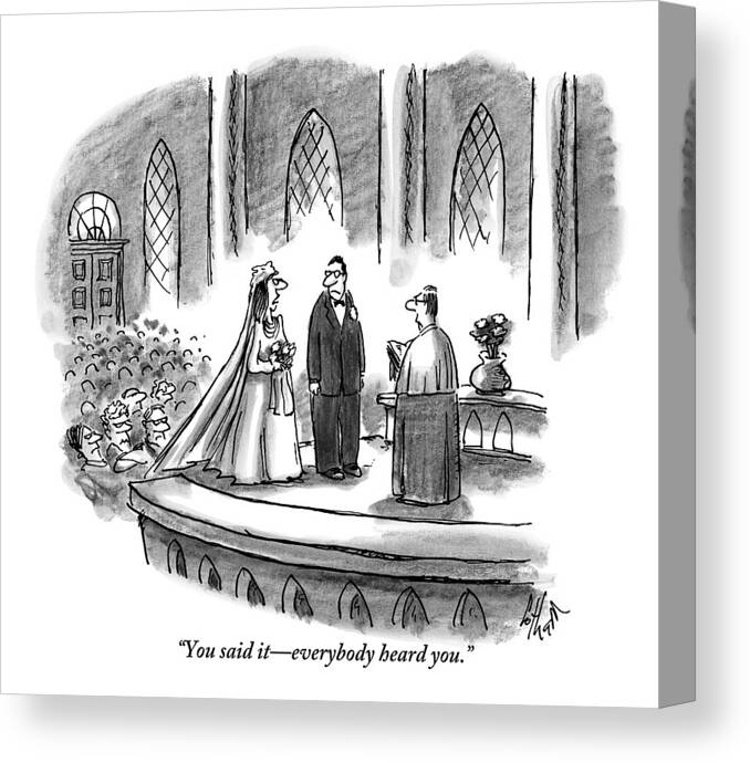 Weddings Canvas Print featuring the drawing An Annoyed Wife Talks To Her Husband At The Altar by Frank Cotham