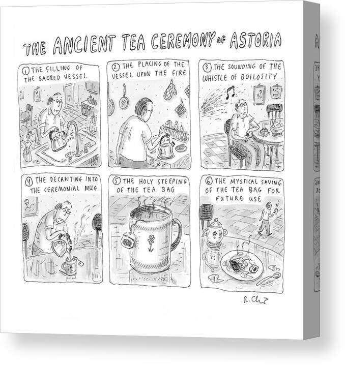 Astoria Canvas Print featuring the drawing 'ancient Tea Ceremony Of Astoria' by Roz Chast