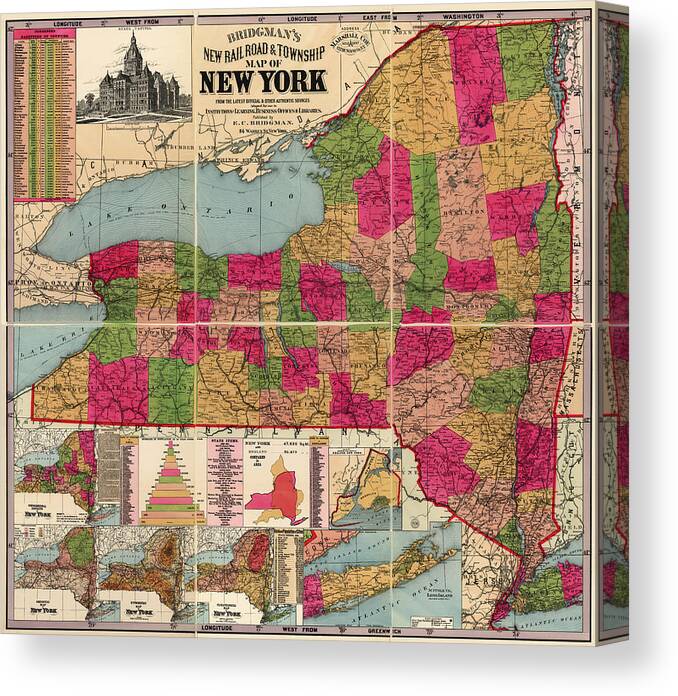 New York State Canvas Print featuring the drawing Antique Map of New York State by E. C. Bridgman - 1896 by Blue Monocle