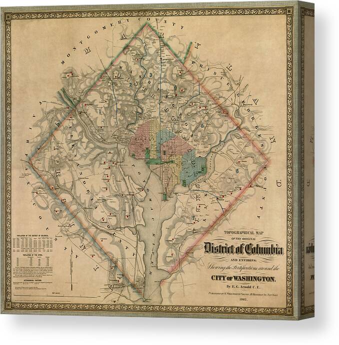 Washington Dc Canvas Print featuring the drawing Antique Map of Washington DC by Colton and Co - 1862 by Blue Monocle