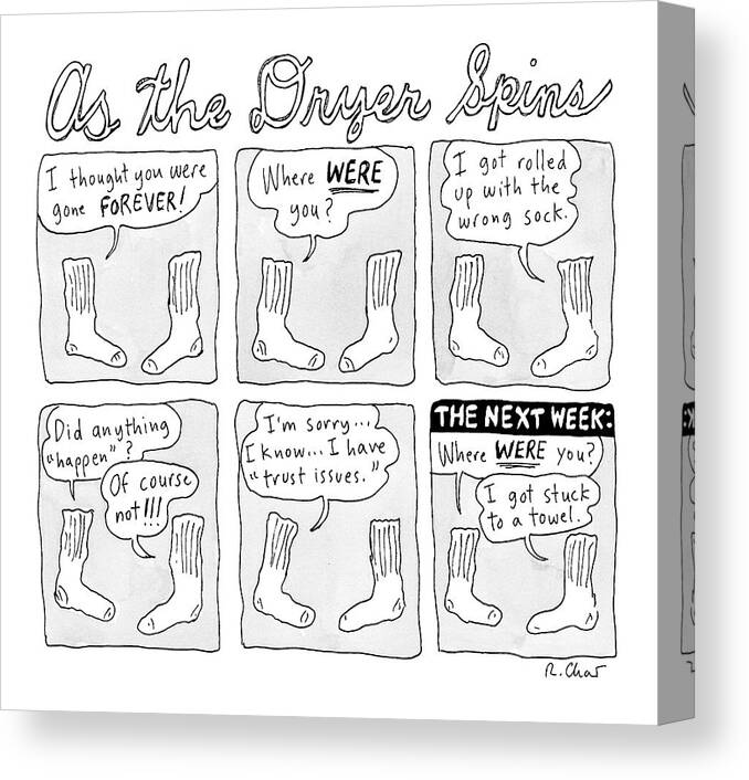 Socks Canvas Print featuring the drawing As The Dryer Spins. One Sock Confronts by Roz Chast
