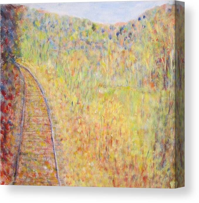 Impressionism Canvas Print featuring the painting Autumns Maple Leaves and train tracks by Glenda Crigger