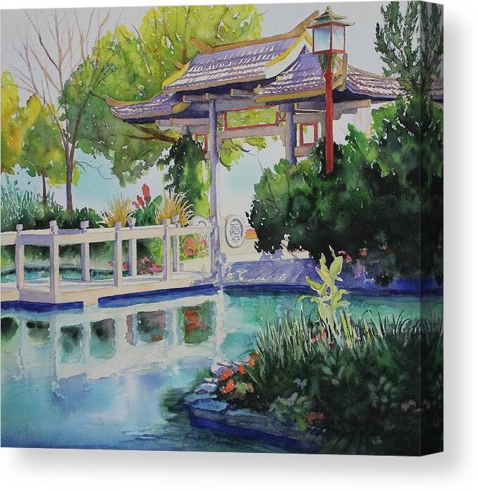 Chinese Pagoda Canvas Print featuring the painting Contemplation Garden by Ruth Kamenev