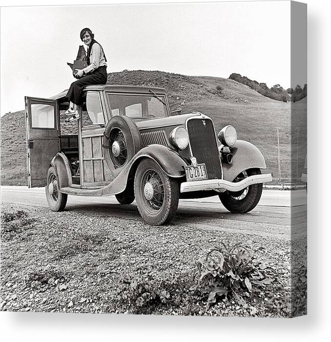 Fsa Photographer Dorothea Lange With Her Car And Large Format Camera Circa 1936 Canvas Print featuring the photograph FSA photographer Dorothea Lange with her car and large format camera circa 1936-2014 by David Lee Guss