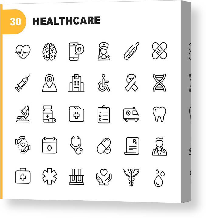 Ambulance Canvas Print featuring the drawing Healthcare Line Icons. Editable Stroke. Pixel Perfect. For Mobile and Web. Contains such icons as Hospital, Doctor, Nurse, Medical help, Dental by Rambo182