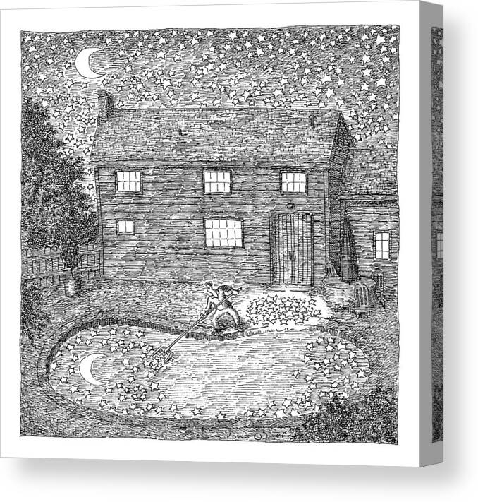 Stars Canvas Print featuring the drawing Man Fishes Stars Out Of His Pool At Nighttime by John O'Brien
