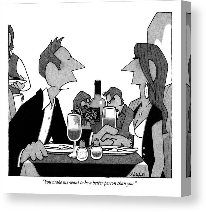 Better Person Canvas Print featuring the drawing Man Speaks To A Woman He's On A Date With by William Haefeli
