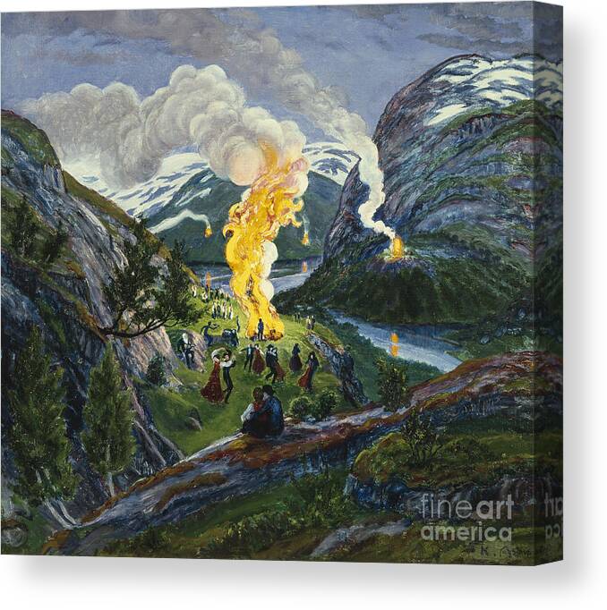 Landscape Canvas Print featuring the painting Midsummer fire by Nikolai Astrup