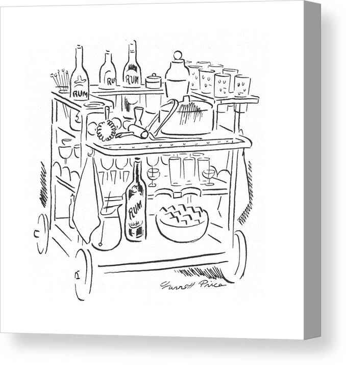 113288 Gpi Garrett Price Rum Cart. Alcohol Alcoholic Alcoholism Cart Carts Cocktail Cocktails Drink Drinking Drunk Inebriated Intoxicated Liquor Rum Service Services Canvas Print featuring the drawing New Yorker April 15th, 1944 by Garrett Price