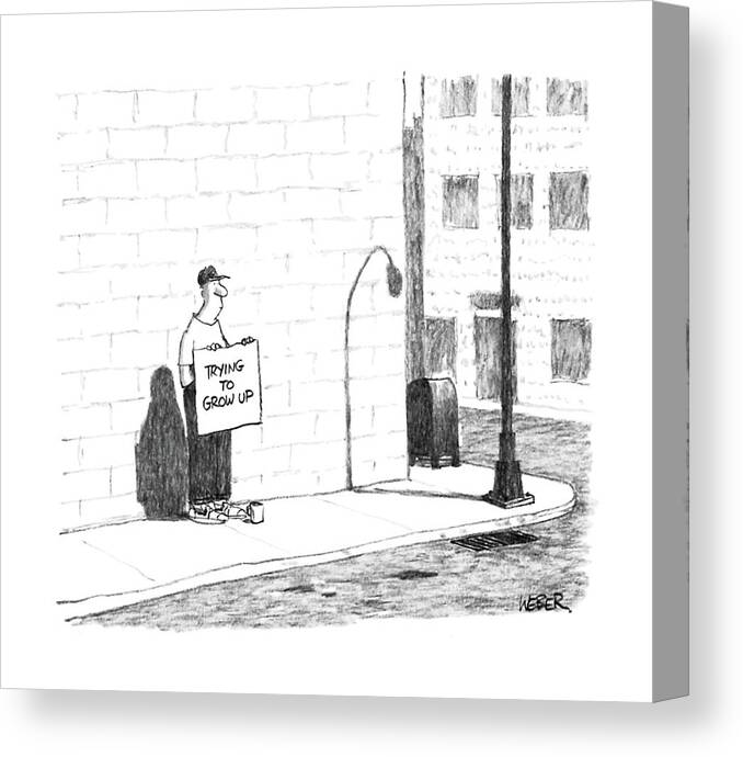 No Caption
Youngish-looking Beggar In Sneakers & Baseball Cap Holds Sign Canvas Print featuring the drawing New Yorker August 15th, 1988 by Robert Weber