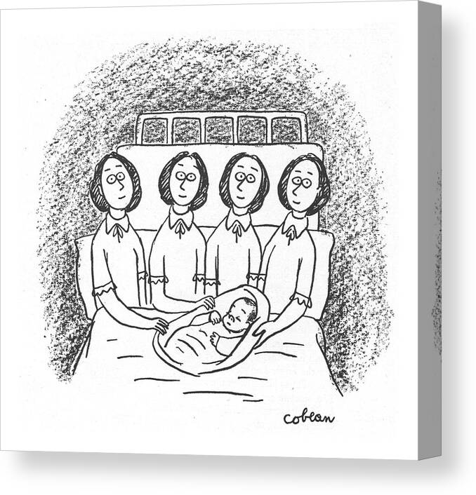 113402 Sco Sam Cobean Four Women In Bed Hold One Infant. Babies Baby Bed Child Childhood Children Families Family Four Hold Infant Kids One Parenting Parents Quintuplets Rearing Sister Sisters Twins Women Canvas Print featuring the drawing New Yorker June 10th, 1944 by Sam Cobean