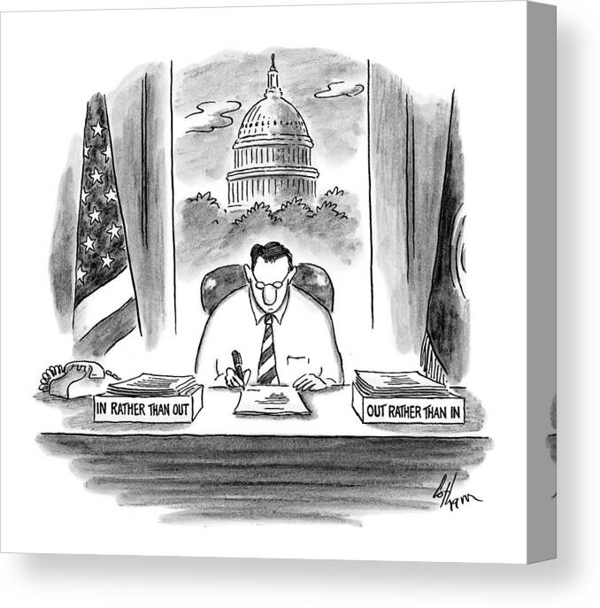 (washington Politician At Desk With Capitol In Background. On One Side Of Him Is A Box Labeled 'in Rather Than Out Canvas Print featuring the drawing New Yorker November 30th, 1998 by Frank Cotham