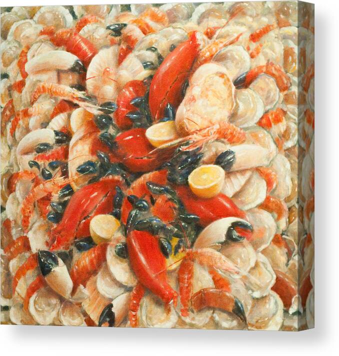 Fish; Lemon; Claws; Crab; Scallops; Shellfish; Prawn; Lobster; Crayfish; Abundance; Food; Atmospheric; Photorealist; Still Life Canvas Print featuring the painting Seafood Extravaganza by Lincoln Seligman